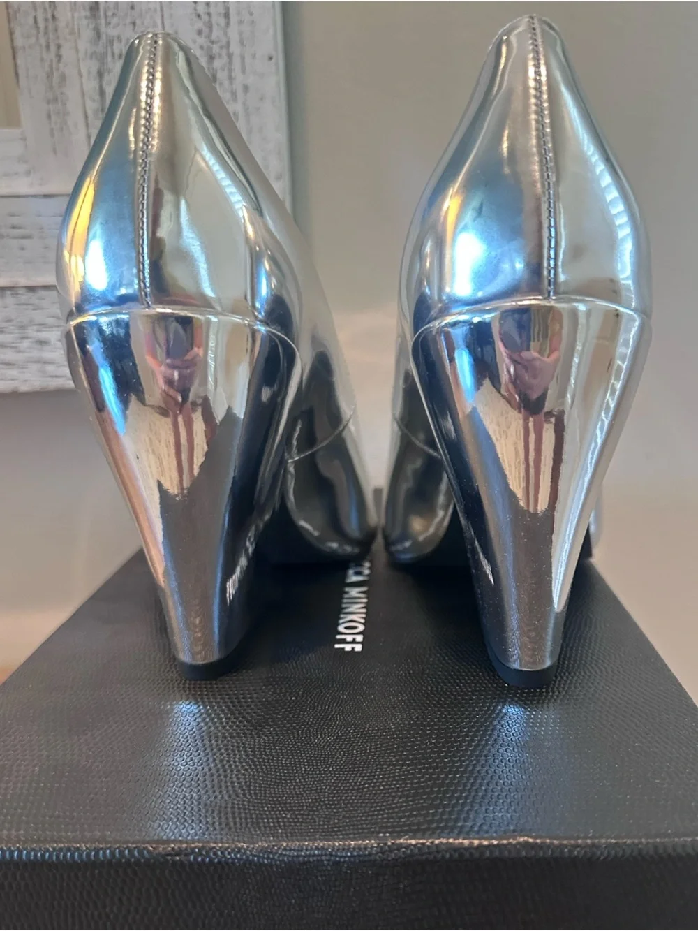 Rebecca Minkoff West Mirror Metallic Silver Block Heel Pumps NIB Size 7.5